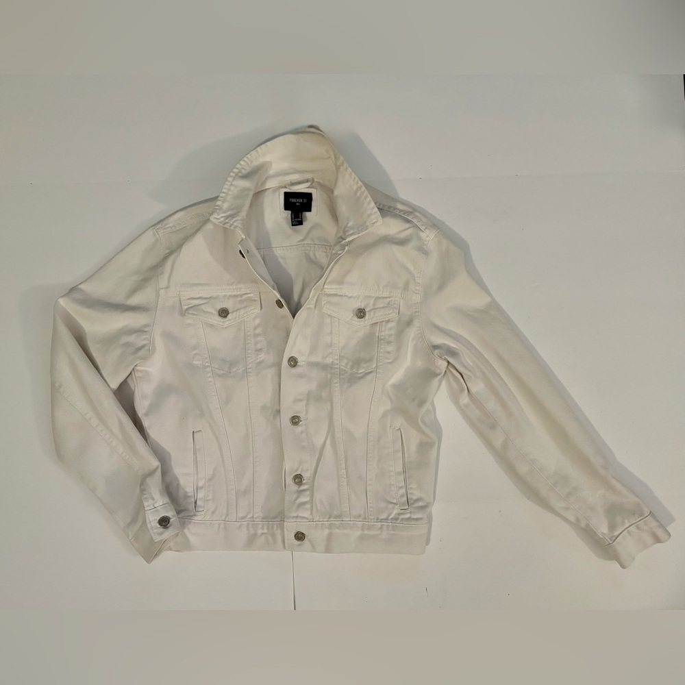 Forever 21 Men M White Denim Jean Jacket Silver Buttons 100% Cotton